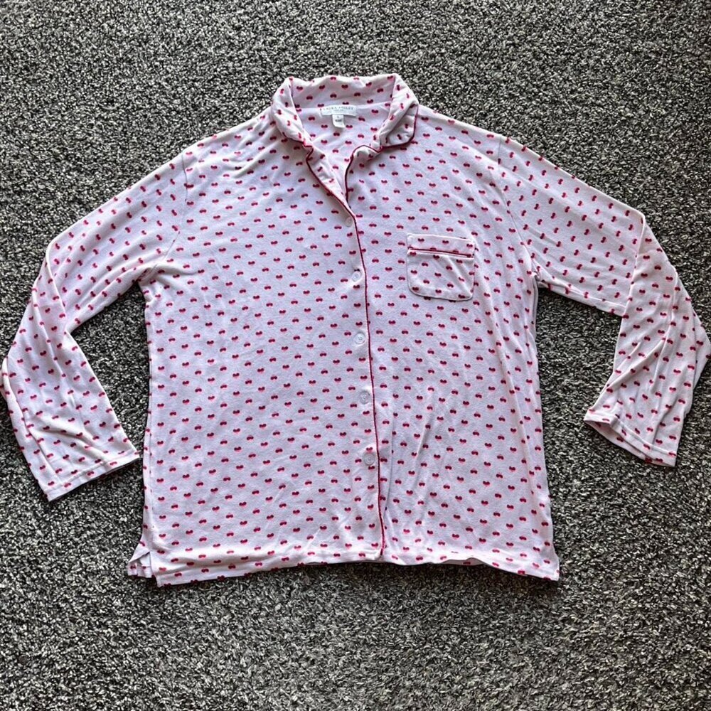 Laura Ashley Long Sleeve Pajama Top Womens Large Hearts Collared Feminine Top